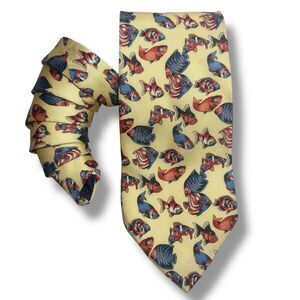ROXY 100% Silk Tie Neckties For Men Made in Italy Funny Fish Print Yellow